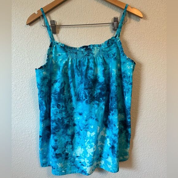 Lands end 10/12 Women’s blue ruffle spaghetti strap Tie-Dye tank 100% cotton - Picture 1 of 5